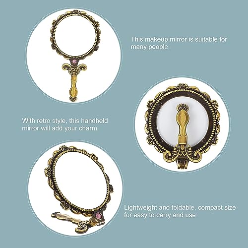 TOMATUS Metal Vintage Round Hand Mirror With Back Side Rose Design, Gold, Pack Of 1 - Image 2