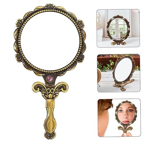 TOMATUS Metal Vintage Round Hand Mirror With Back Side Rose Design, Gold, Pack Of 1 - Image 1