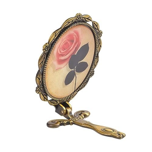 TOMATUS Metal Vintage Round Hand Mirror With Back Side Rose Design, Gold, Pack Of 1 - Image 5