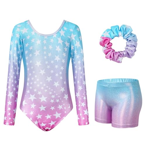 JiAmy Gymnastics Leotards for Girls Cross Back, Long Sleeve Sparkly Dance Biketards with Shorts Ballet Outfit for 11-12 Years Gradient Blue Stars - Image 1