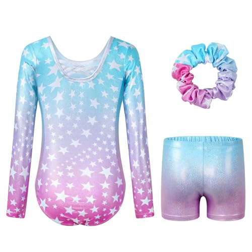 JiAmy Gymnastics Leotards for Girls Cross Back, Long Sleeve Sparkly Dance Biketards with Shorts Ballet Outfit for 11-12 Years Gradient Blue Stars - Image 2