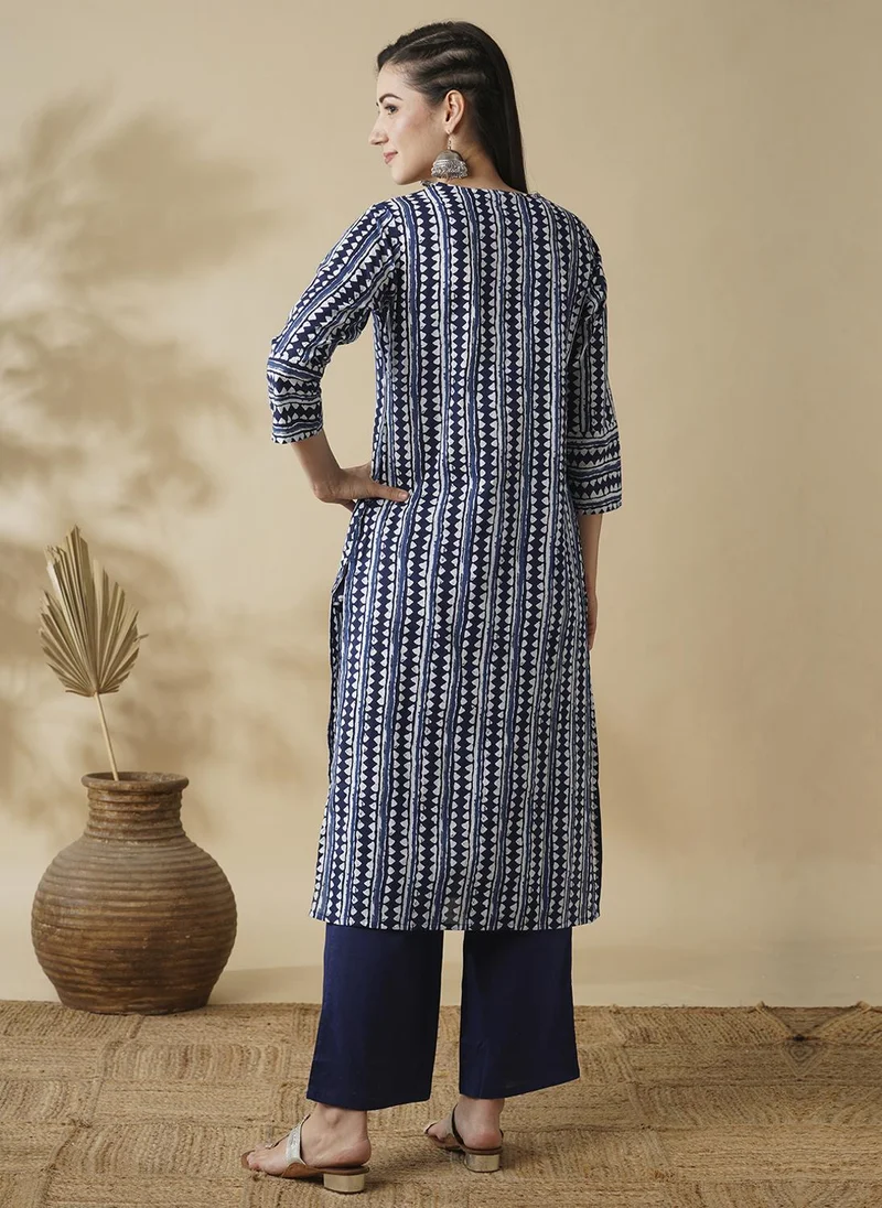 Globus  Globus Women's Blue Geometric Print A-Line Kurta Set with V-Neck for Women | Best Price UAE