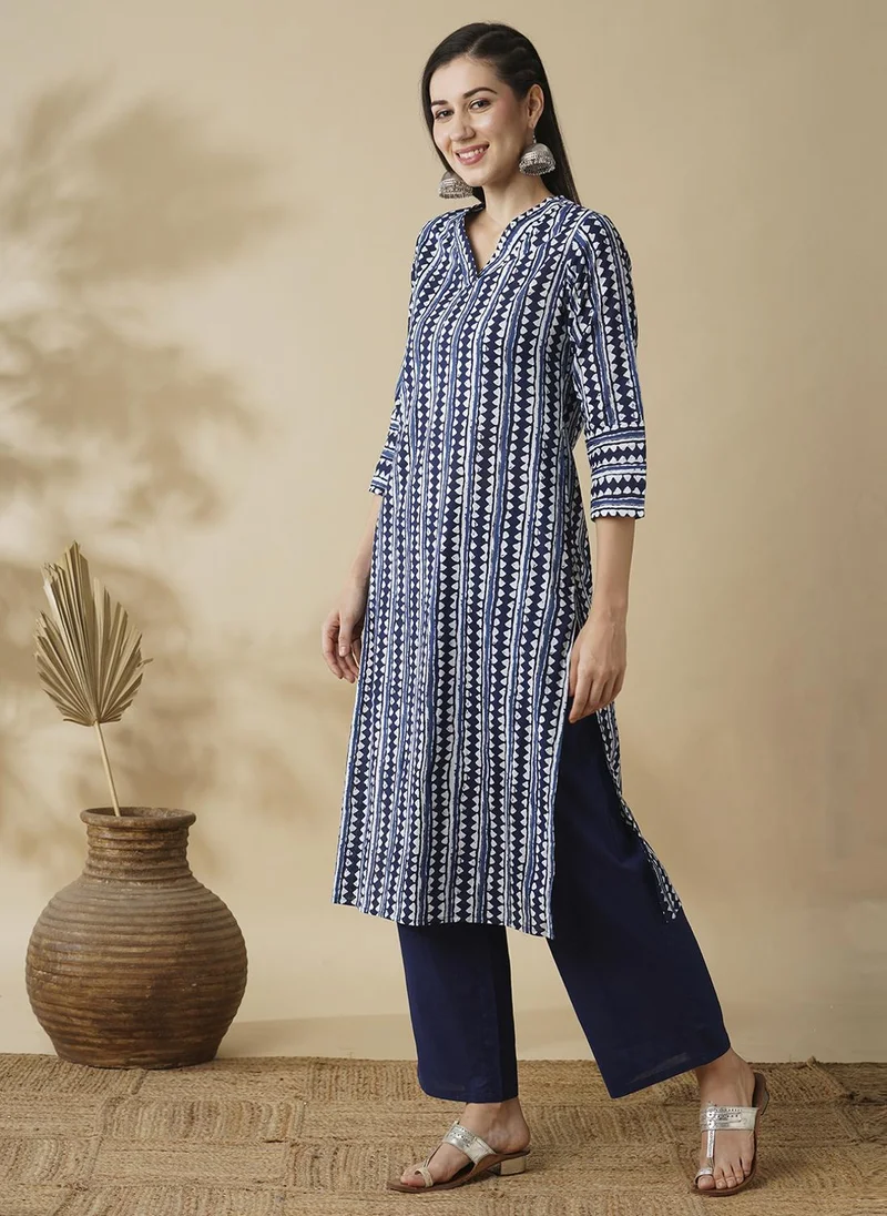 Globus  Globus Women's Blue Geometric Print A-Line Kurta Set with V-Neck for Women | Best Price UAE