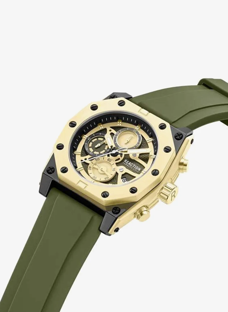 Kenneth Cole Reaction Yellow Dial Green Silicone Strap Chronograph Watch for Men, 52.4mm