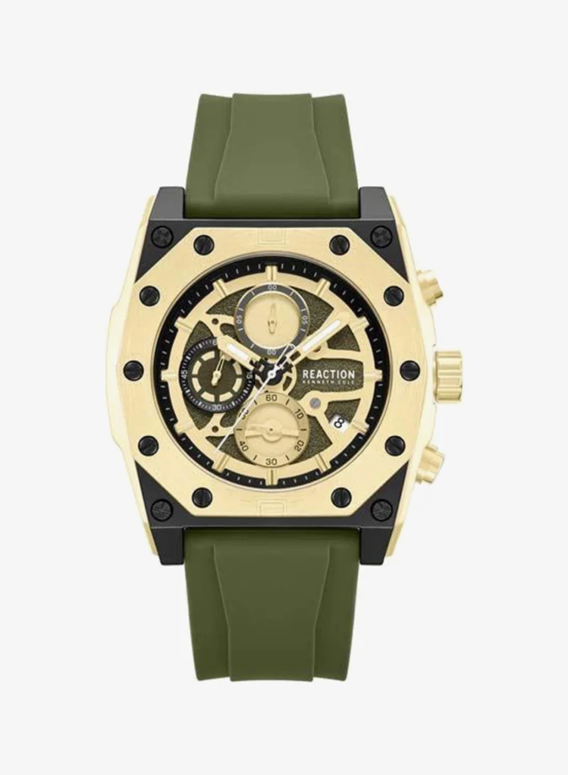 Kenneth Cole Reaction Yellow Dial Green Silicone Strap Chronograph Watch for Men, 52.4mm