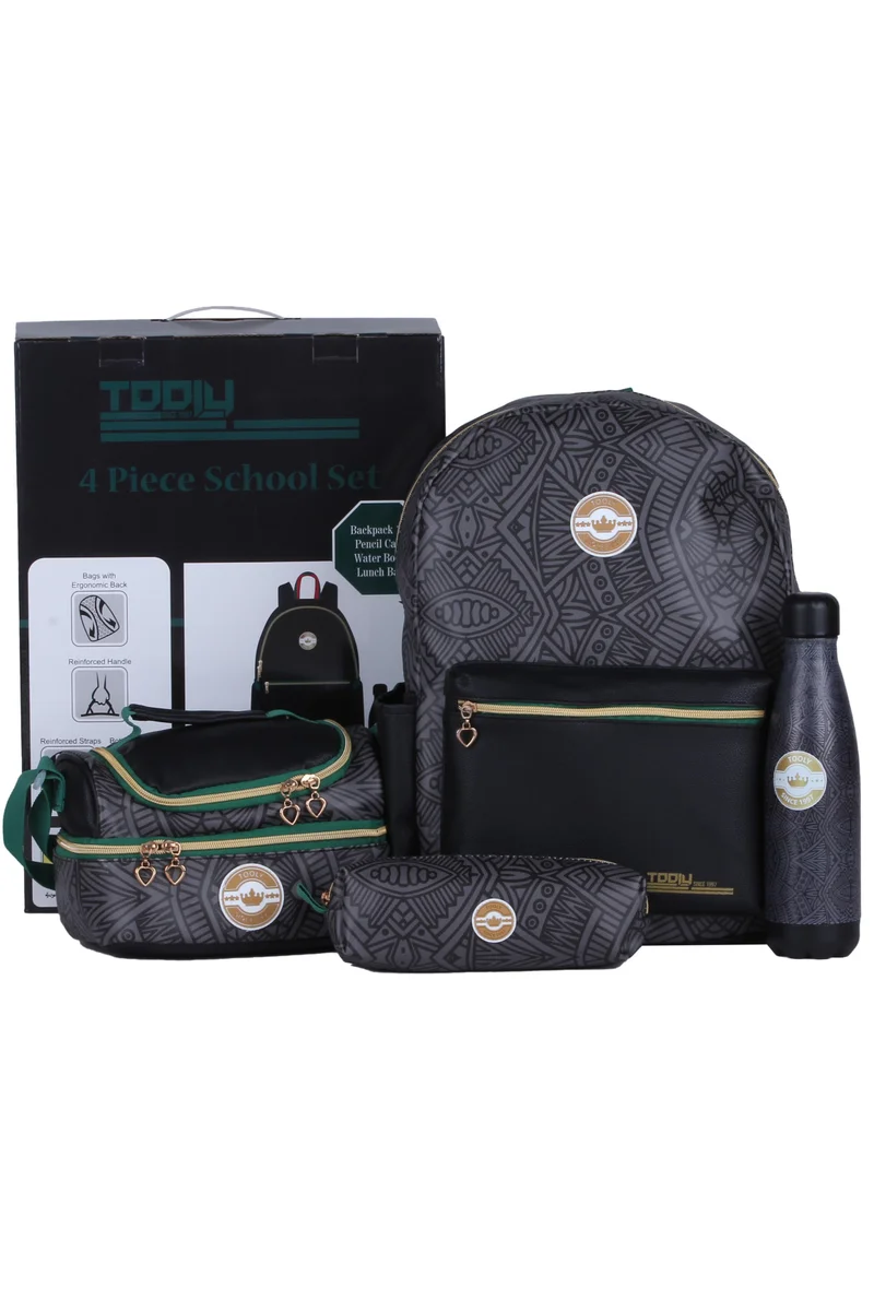 TOOLY School Set 4 Pcs, Backpack with Patterns, Lunch Bag, Water Bottle, Pencil Case, Black & Grey with Green Details