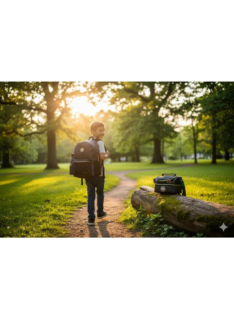 تولي طقم مدرسي  قطع: حقيبة ظهر برسومات، حقيبة غداء، زجاجة ماء، مقلمة، أسود ورمادي بتفاصيل خضراء