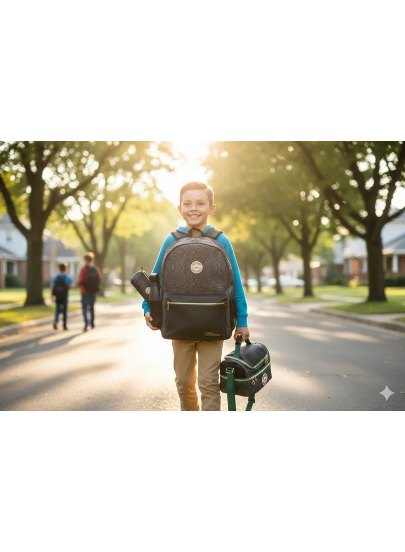 تولي طقم مدرسي  قطع: حقيبة ظهر برسومات، حقيبة غداء، زجاجة ماء، مقلمة، أسود ورمادي بتفاصيل خضراء