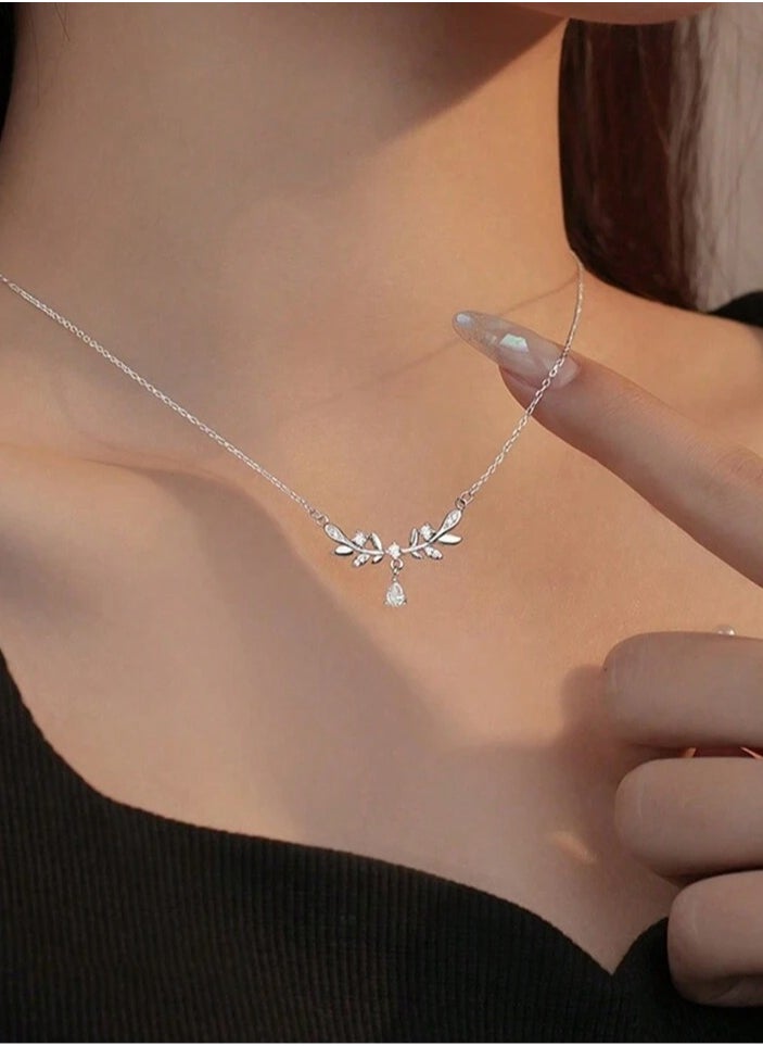 925 Sterling Silver Charms Luxury Pendant Necklace Made Of High-Quality 925 Sterling Silver Decorated With Blue Zircon Crystals In The Shape Of Branches And Leaves And A Dangling Drop Giving A Wonderful Look To The Neck Of The Princess She Deserves  - Image 1