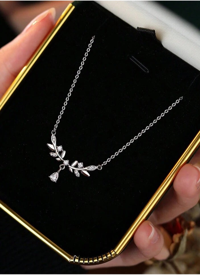 925 Sterling Silver Charms Luxury Pendant Necklace Made Of High-Quality 925 Sterling Silver Decorated With Blue Zircon Crystals In The Shape Of Branches And Leaves And A Dangling Drop Giving A Wonderful Look To The Neck Of The Princess She Deserves  - Image 5