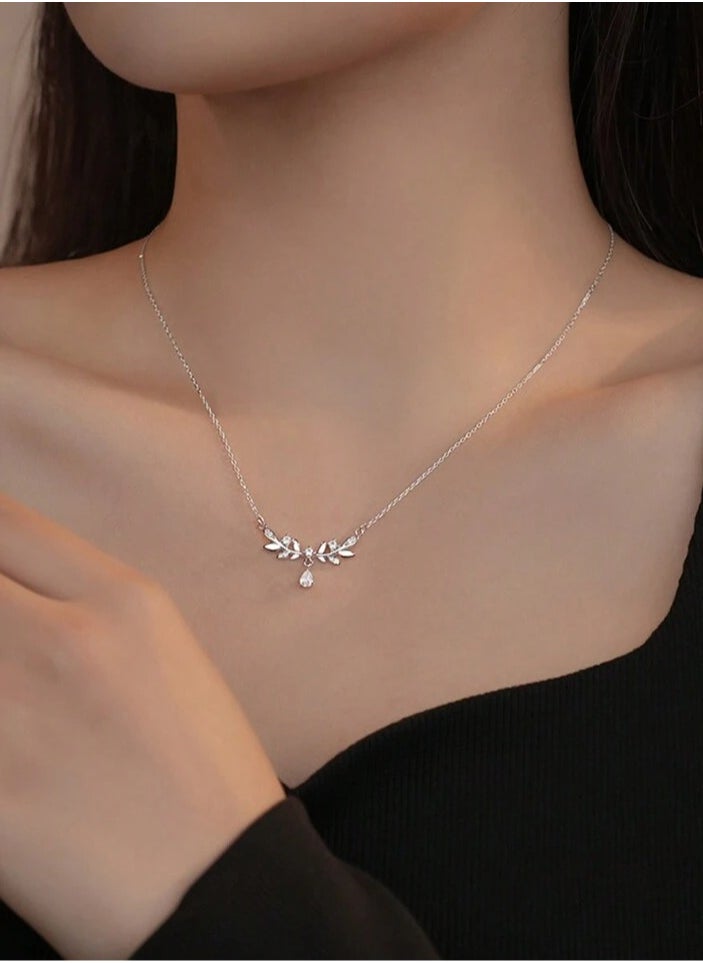 925 Sterling Silver Charms Luxury Pendant Necklace Made Of High-Quality 925 Sterling Silver Decorated With Blue Zircon Crystals In The Shape Of Branches And Leaves And A Dangling Drop Giving A Wonderful Look To The Neck Of The Princess She Deserves  - Image 2
