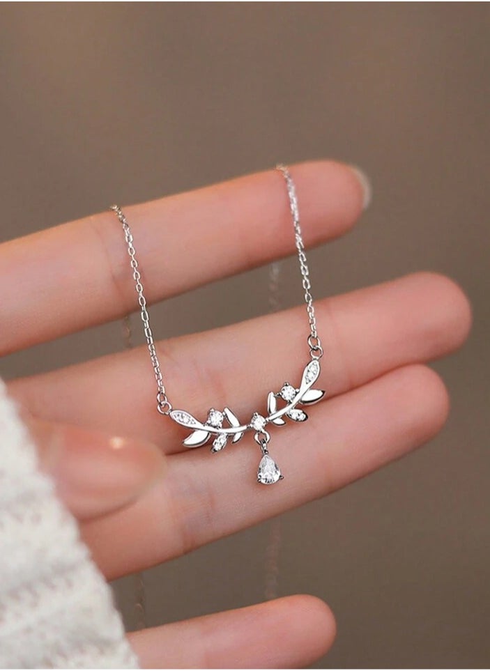 925 Sterling Silver Charms Luxury Pendant Necklace Made Of High-Quality 925 Sterling Silver Decorated With Blue Zircon Crystals In The Shape Of Branches And Leaves And A Dangling Drop Giving A Wonderful Look To The Neck Of The Princess She Deserves  - Image 3