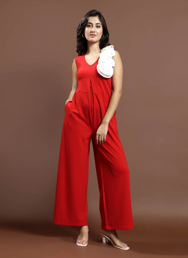 Athena جمبسوت أحمر مزين بدون أكمام للنساء - Image 1