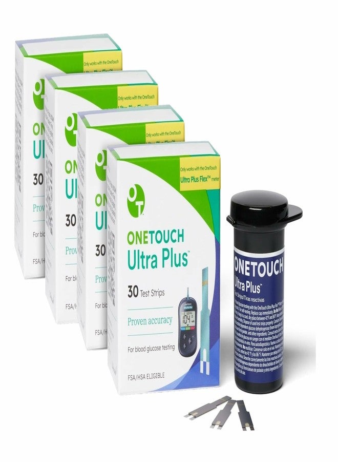ون تاتش شرائط اختبار OneTouch Ultra Plus - 120 شريطًا - شرائط اختبار لمرضى السكري لقياس نسبة الجلوكوز في الدم ومستويات السكر اليومية في الدم - 30 شريطًا/عبوة (4 عبوات) - Image 1