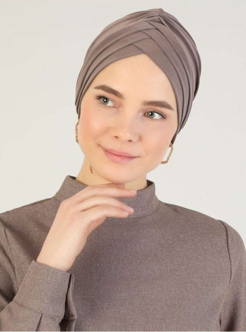 Naciye Sultan Hijab Crossed Sea Bonnet Three Banded Ready Turban Mink - Image 1