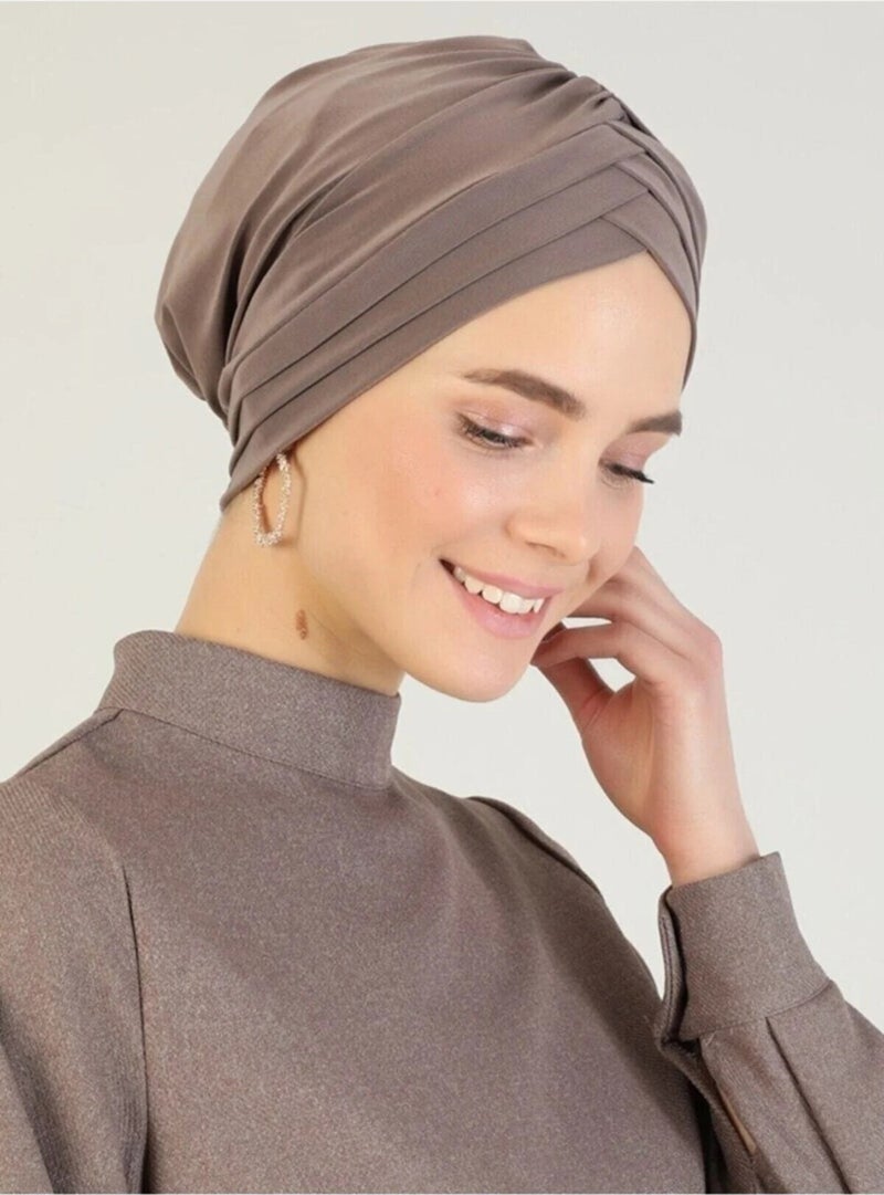 Naciye Sultan Hijab Crossed Sea Bonnet Three Banded Ready Turban Mink - Image 2