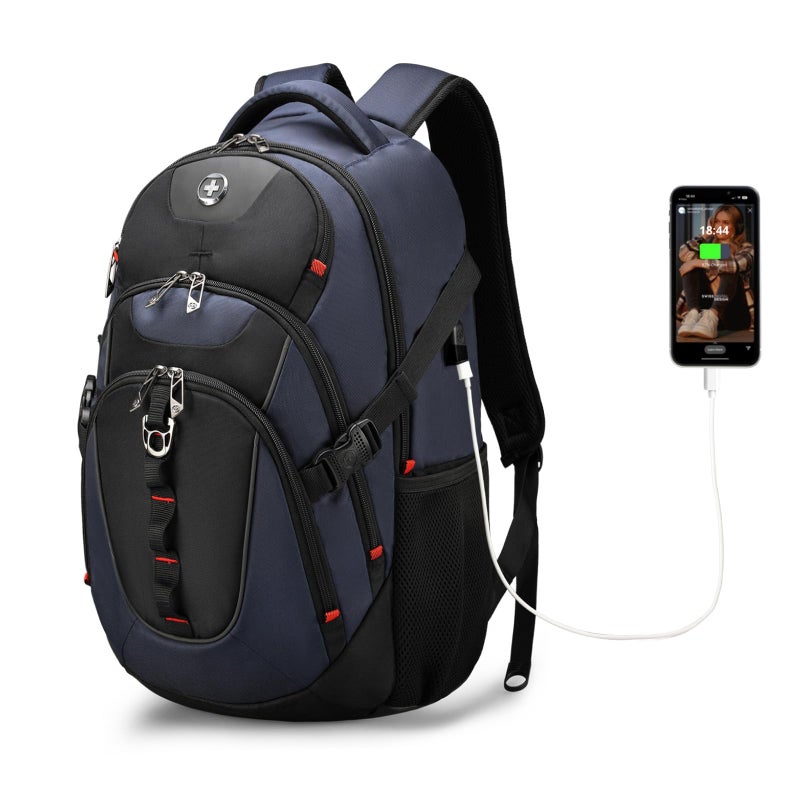 Swissdigital Design Laptop Backpack with USB Charging Port, Travel Backpack Fits 15.6 inches Computer, 31L College School Backpack for Men, Blue/Black | SD803-12 - Image 1