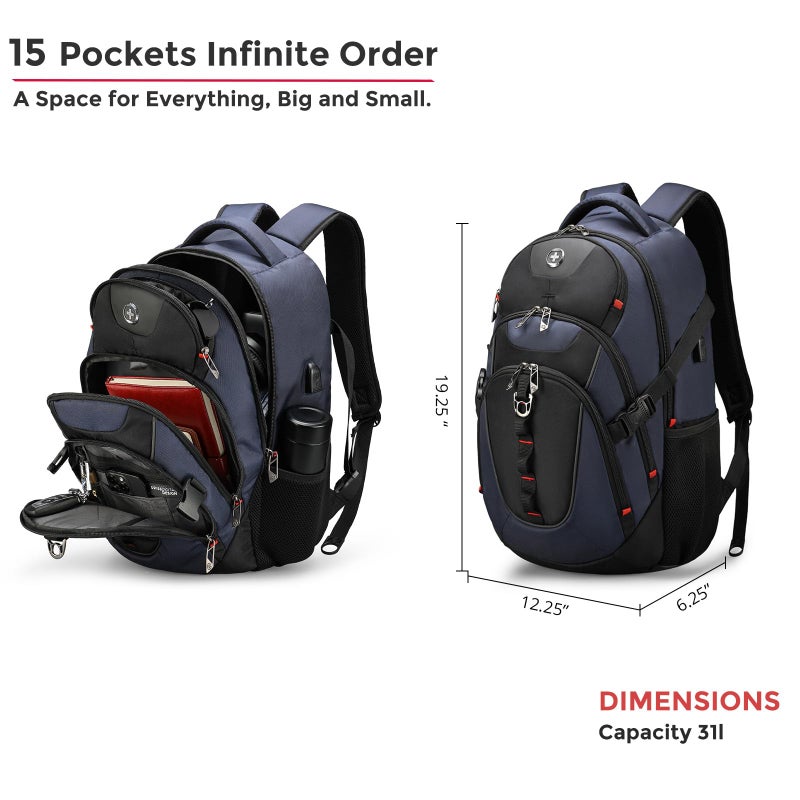 Swissdigital Design Laptop Backpack with USB Charging Port, Travel Backpack Fits 15.6 inches Computer, 31L College School Backpack for Men, Blue/Black | SD803-12 - Image 3