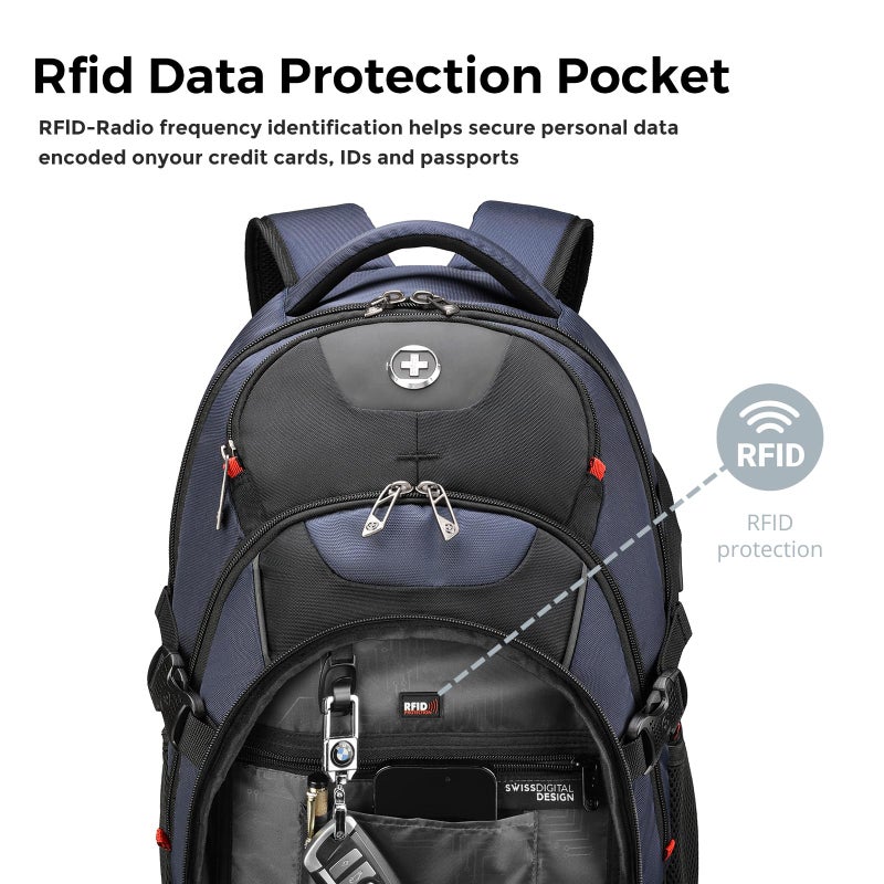 Swissdigital Design Laptop Backpack with USB Charging Port, Travel Backpack Fits 15.6 inches Computer, 31L College School Backpack for Men, Blue/Black | SD803-12 - Image 4