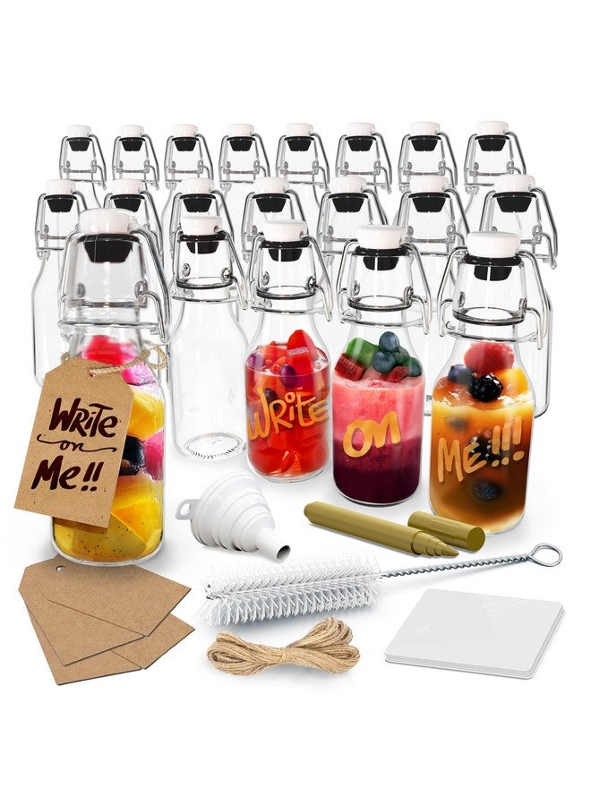 NEVLERS Nevlers 4 Oz Flip Top Glass Bottle Stopper Set | 20 Pack Clear Round Swing Top Glass Bottles For Juicing w/Shrink Wrap, Paper Tags + String, Foldable Funnel, Cleaning Brush & Gold Glass Marker  - Image 1