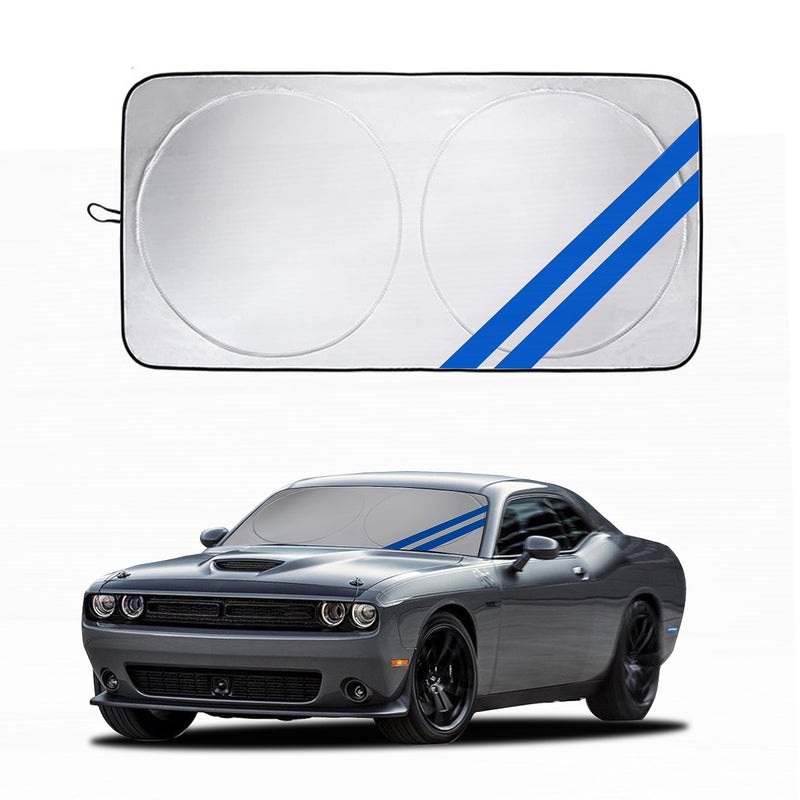 Front Windshield Sun Shade Fit for Dodge Charger Challenger Durango Journey Universal Fit to All Dodge Cars Foldable Sun Visor Protector Custom Fit Dodge Window Sunhade Blue Trim