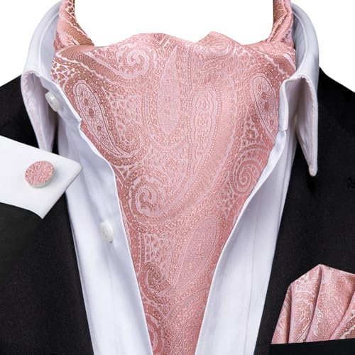 Dubulle Paisley Floral Ascot Tie for Men Self Tie Mens Cravat Tie and Pocket Square Cufflinks Wedding,Blush Pink - Image 2