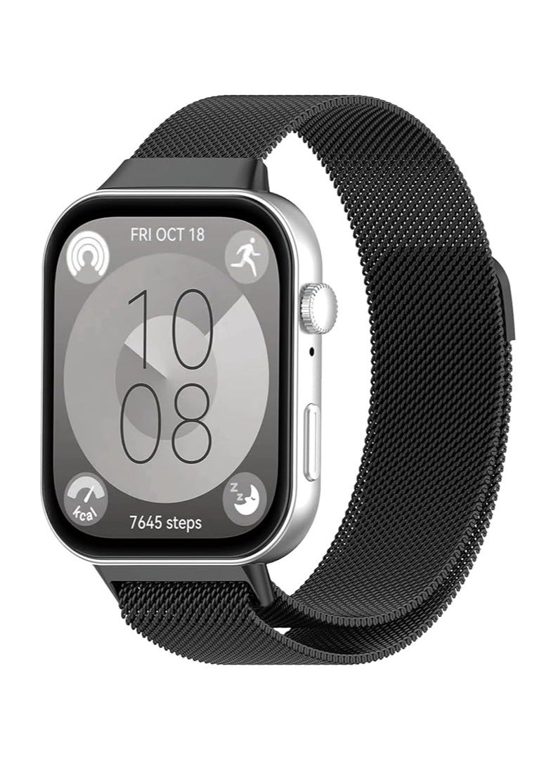 Strap Compatible with Huawei Watch Fit 3 Stainless Steel Replacement Strap Metal Mesh with Magnetic Closure Watch Strap for Men and Women Bracelets (Black)