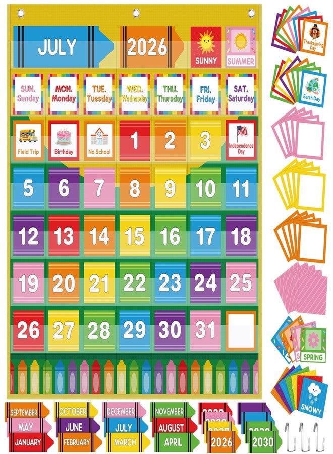 Sinload Classroom Calendar Pocket Chart Set Calendar Bulletin Board Set Seasons Festival Weather Pocket Chart for Classroom Decoration Back to School Supplies(Crayon) - Image 1