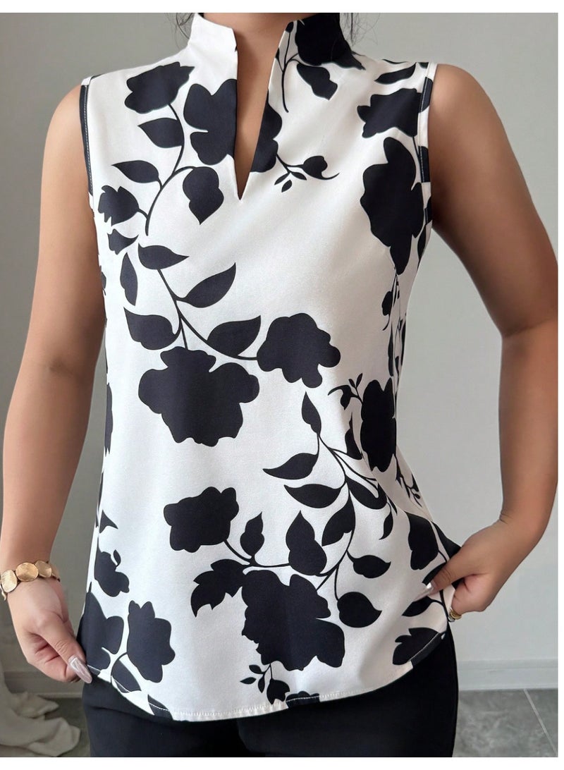 Shein V-Neck Silhouette Print Sleeveless Half-Placket Shirt Blouse - Image 5