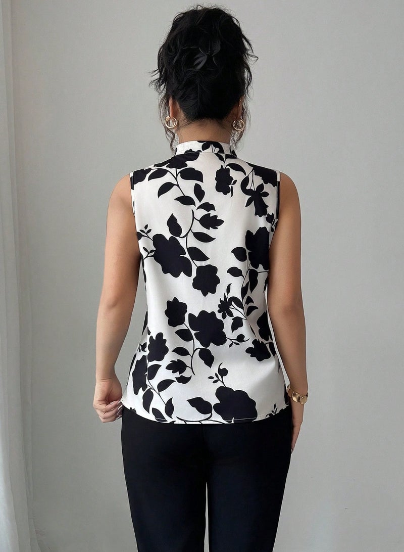 Shein V-Neck Silhouette Print Sleeveless Half-Placket Shirt Blouse - Image 2