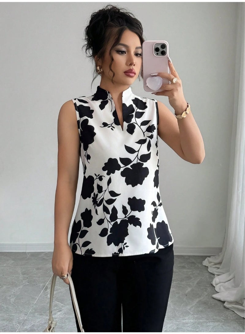 Shein V-Neck Silhouette Print Sleeveless Half-Placket Shirt Blouse - Image 4