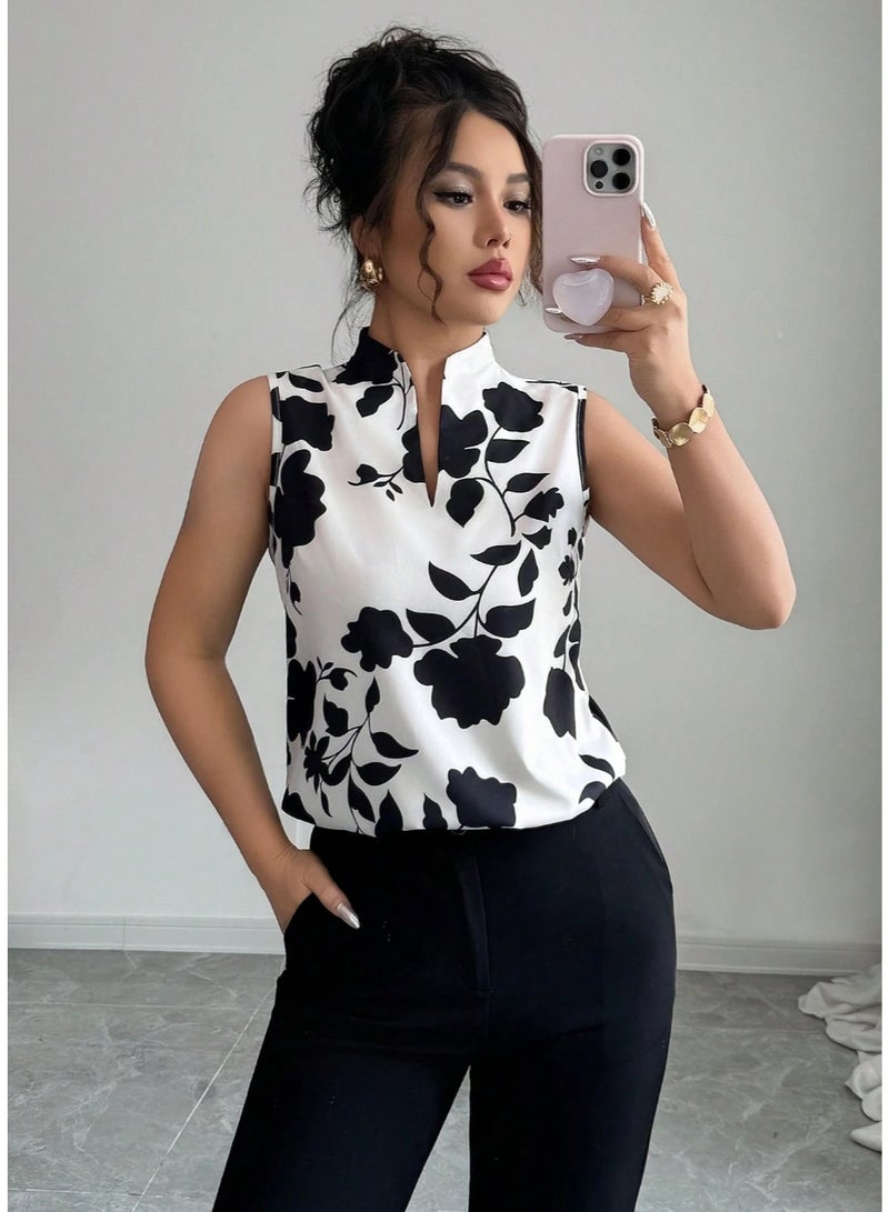 Shein V-Neck Silhouette Print Sleeveless Half-Placket Shirt Blouse - Image 3