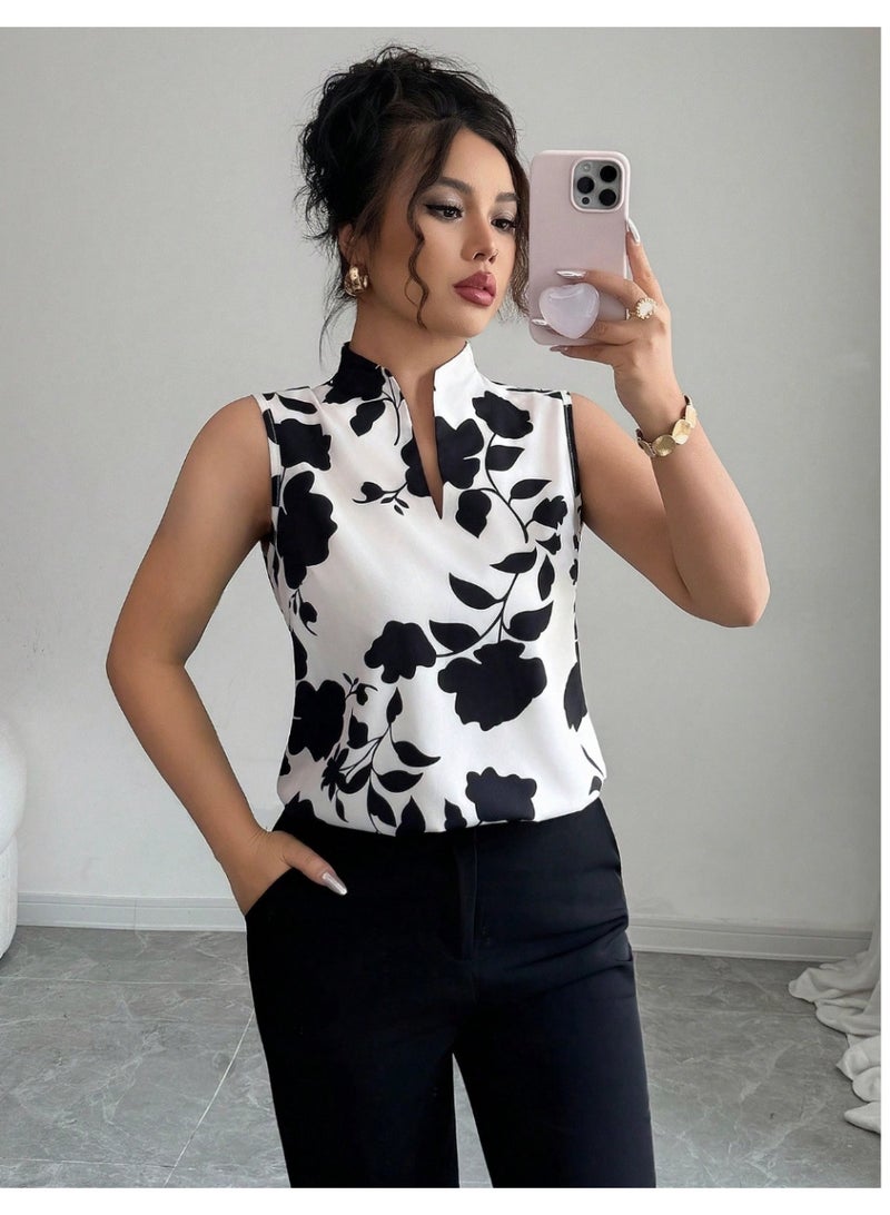 Shein V-Neck Silhouette Print Sleeveless Half-Placket Shirt Blouse - Image 1