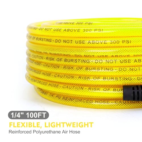 FYPower Air Compressor Hose 1/4 Inch x 100 Feet Reinforced Polyurethane (PU) Air Hose with Fittings, Bend Restrictors, 1/4" Industrial Quick Coupler and Plug Kit, Yellow - Image 2