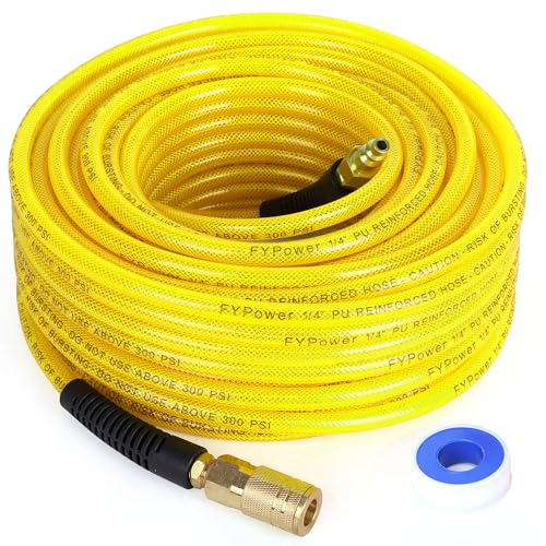 FYPower Air Compressor Hose 1/4 Inch x 100 Feet Reinforced Polyurethane (PU) Air Hose with Fittings, Bend Restrictors, 1/4" Industrial Quick Coupler and Plug Kit, Yellow - Image 1