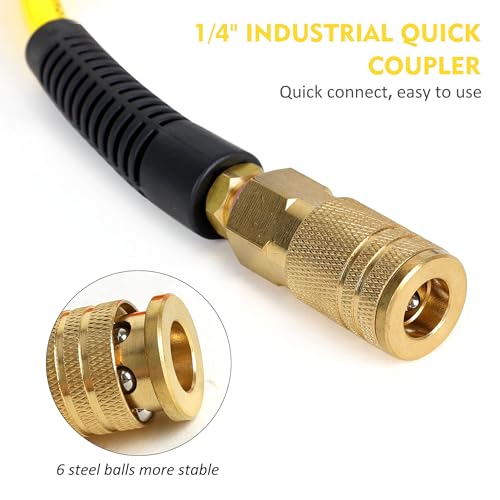FYPower Air Compressor Hose 1/4 Inch x 100 Feet Reinforced Polyurethane (PU) Air Hose with Fittings, Bend Restrictors, 1/4" Industrial Quick Coupler and Plug Kit, Yellow - Image 3