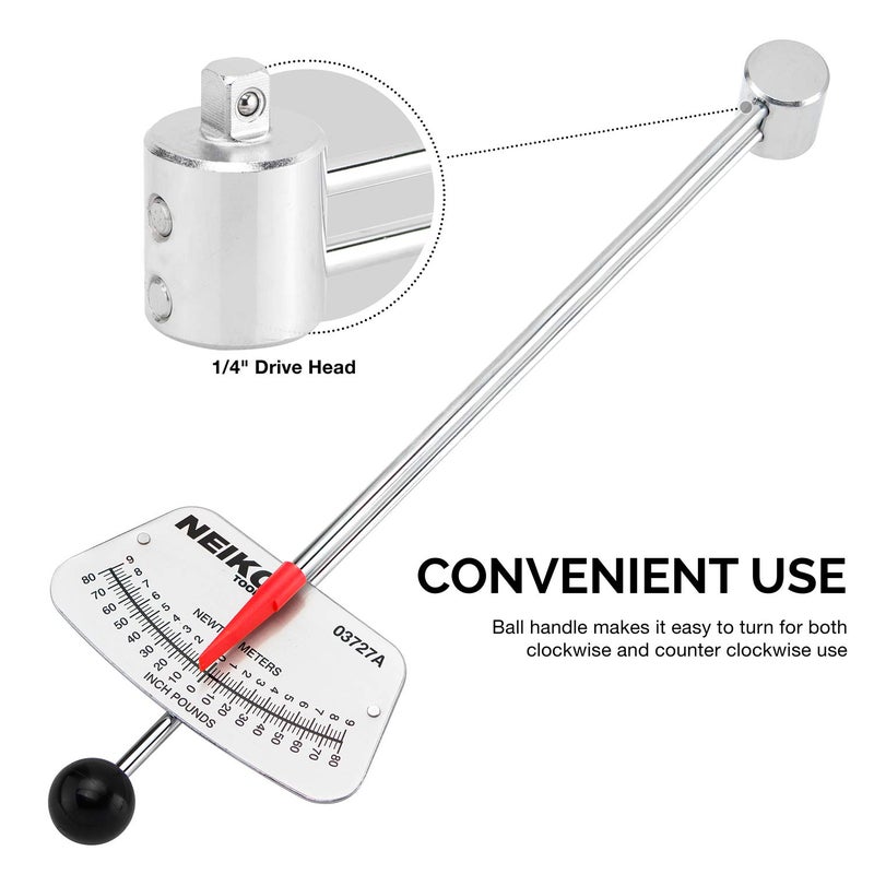 Neiko 03727A 1/4-Inch-Drive Beam Torque Wrench, SAE and MM Bicycle and Automotive Wrench, Reads in 0–80 Inches/Pounds and 0–9 Newton/Meter Increments - Image 3