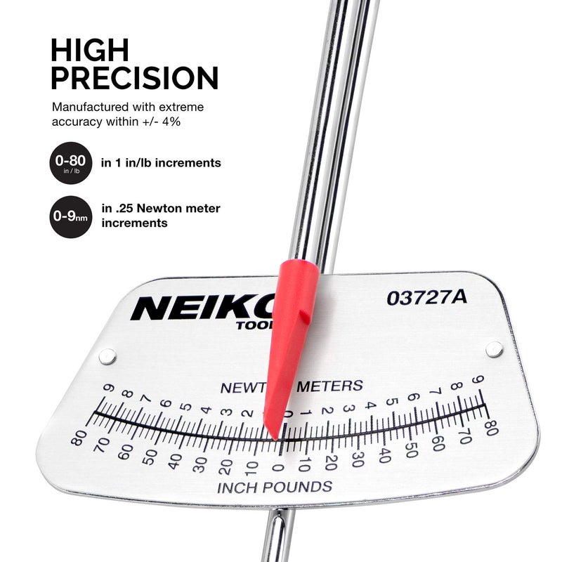 Neiko 03727A 1/4-Inch-Drive Beam Torque Wrench, SAE and MM Bicycle and Automotive Wrench, Reads in 0–80 Inches/Pounds and 0–9 Newton/Meter Increments - Image 2