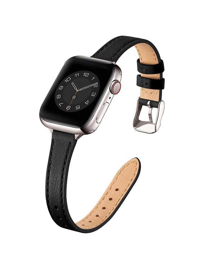 أشرطة جلدية رفيعة متوافقة مع حزام ساعة آبل 38مم 40مم 41مم، حزام معصم رفيع من جلد عالي الجودة لساعة iWatch SE 9 8 7 6 5 4 3 2 1 (أسود فضي لامع) - Image 1