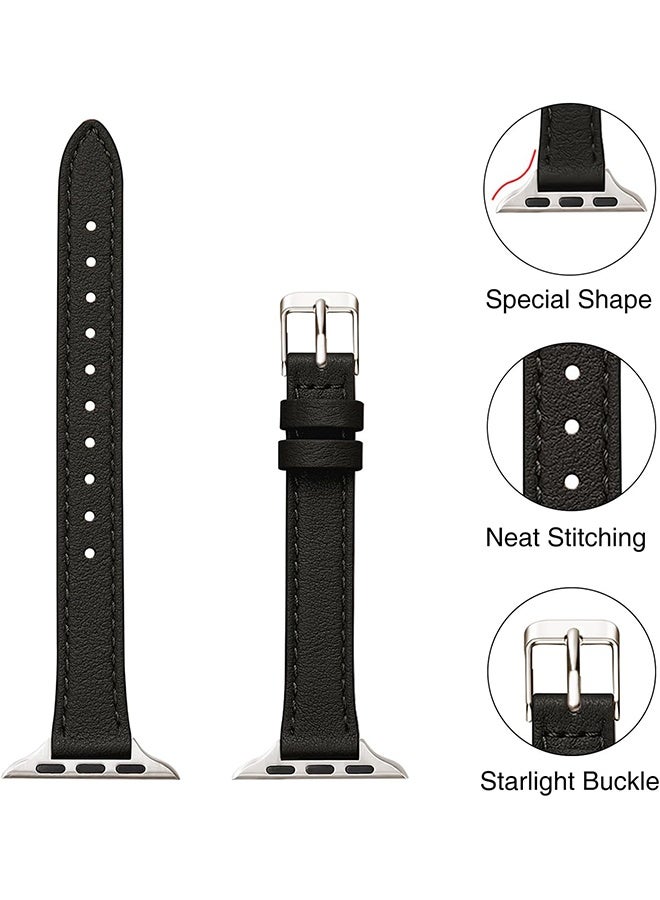 أشرطة جلدية رفيعة متوافقة مع حزام ساعة آبل 38مم 40مم 41مم، حزام معصم رفيع من جلد عالي الجودة لساعة iWatch SE 9 8 7 6 5 4 3 2 1 (أسود فضي لامع) - Image 2