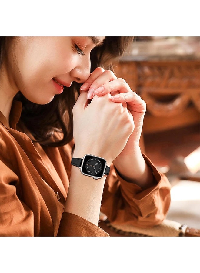 أشرطة جلدية رفيعة متوافقة مع حزام ساعة آبل 38مم 40مم 41مم، حزام معصم رفيع من جلد عالي الجودة لساعة iWatch SE 9 8 7 6 5 4 3 2 1 (أسود فضي لامع) - Image 5