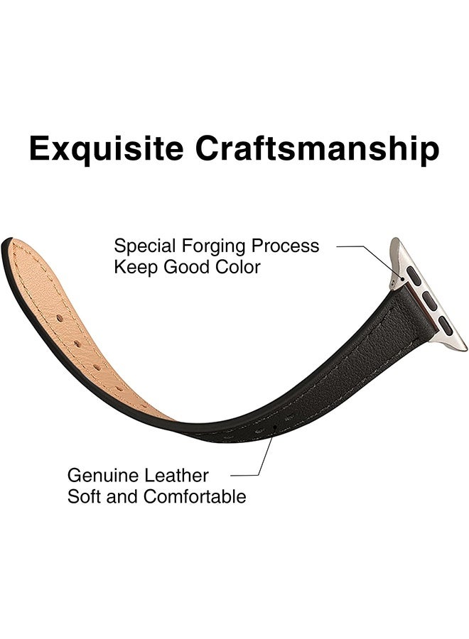 أشرطة جلدية رفيعة متوافقة مع حزام ساعة آبل 38مم 40مم 41مم، حزام معصم رفيع من جلد عالي الجودة لساعة iWatch SE 9 8 7 6 5 4 3 2 1 (أسود فضي لامع) - Image 3