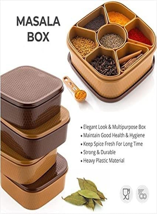 RIVUGJA Multipurpose 7 In 1 Plastic Masala Rangoli Dabba Box Set with Spoon, Spice Box Set Wooden Style Plastic Spice Organizer - Image 3