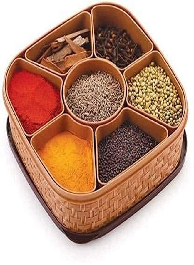 RIVUGJA Multipurpose 7 In 1 Plastic Masala Rangoli Dabba Box Set with Spoon, Spice Box Set Wooden Style Plastic Spice Organizer - Image 1