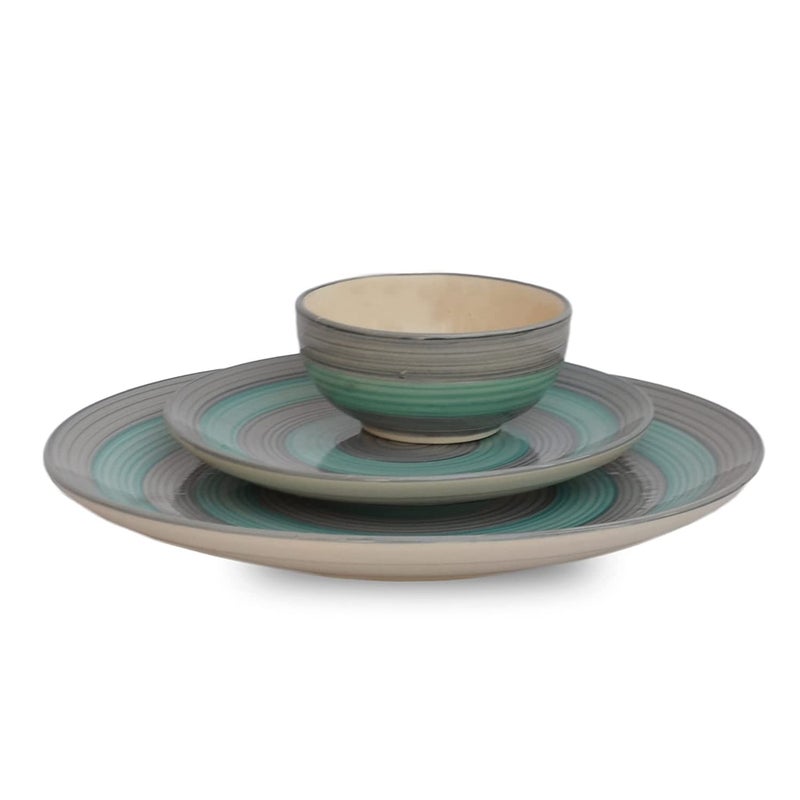 VolCraft Handmade Ceramic Royal Seagreen and Grey Dinner Set Including 3 Dinner Plates(10 inch) with 3 Serving Bowl and 3 Quarter Plates(7 inch) - Image 1