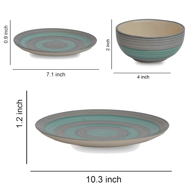 VolCraft Handmade Ceramic Royal Seagreen and Grey Dinner Set Including 3 Dinner Plates(10 inch) with 3 Serving Bowl and 3 Quarter Plates(7 inch) - Image 2