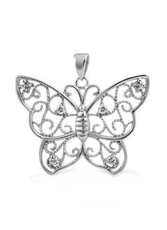 Rhodium Plated Filigree Butterfly Pendant Necklace Silver