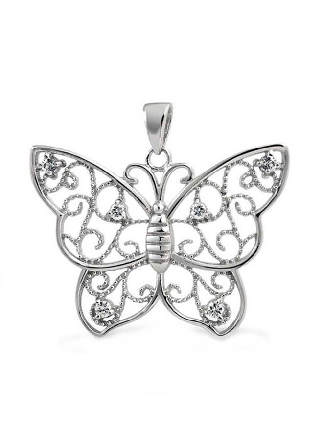 NIBEMINENT - Rhodium Plated Filigree Butterfly Pendant Necklace Silver - Image 1