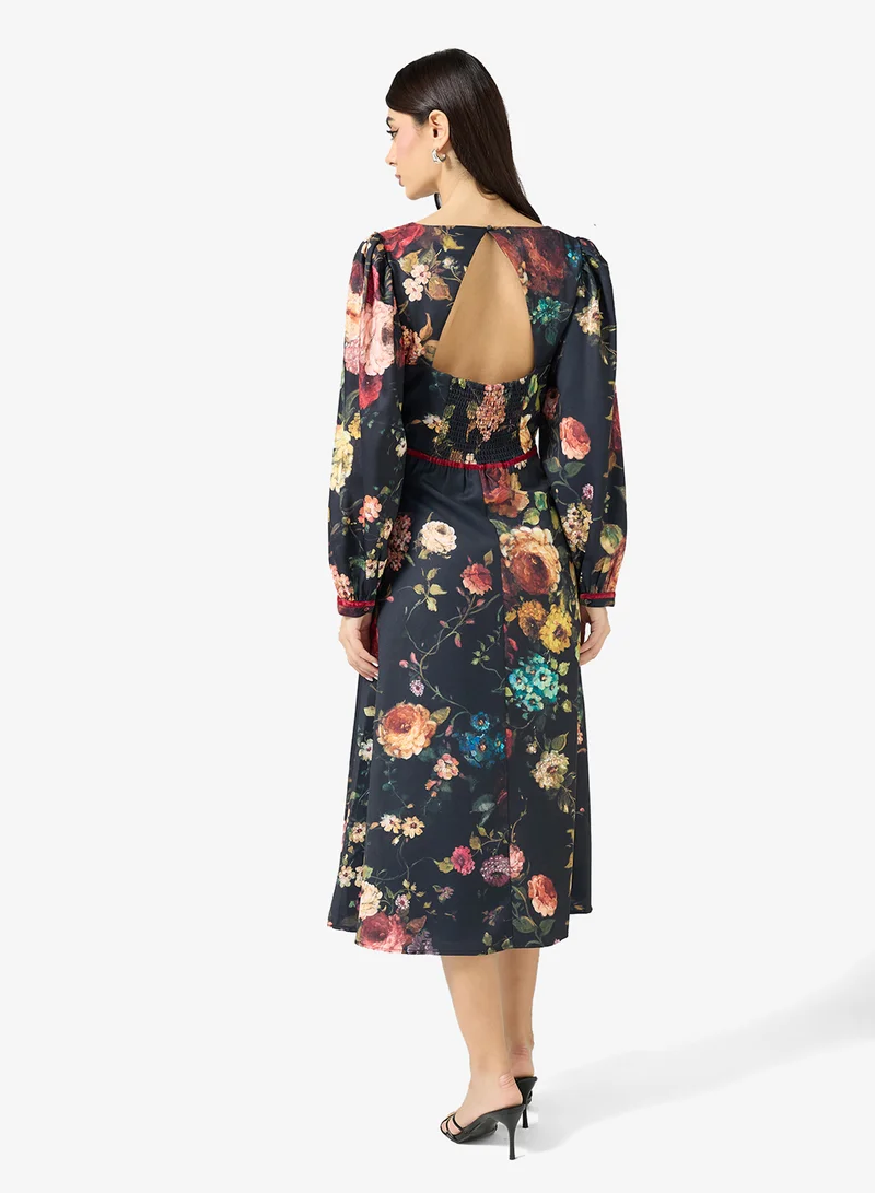 Hope & Ivy Sweatheart Neck Long Sleeve Floral Print Midi Dress
