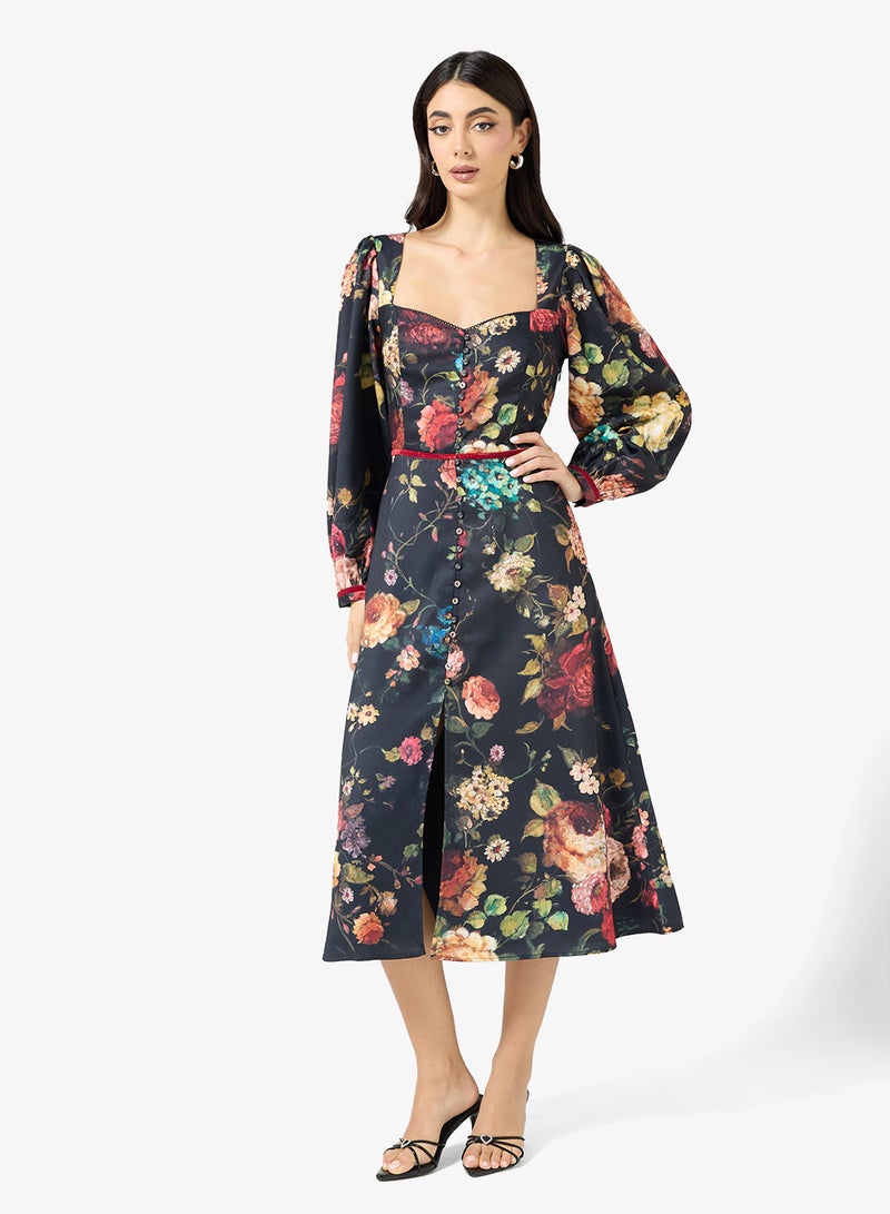 Hope & Ivy Sweatheart Neck Long Sleeve Floral Print Midi Dress - Image 4